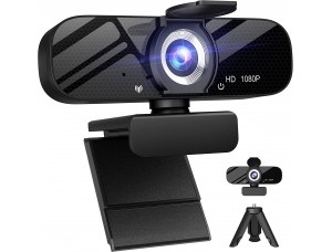 Cámara web Full HD con micrófono integrado y trípode giratorio, video 1080P y cámara gran angular, cubierta de privacidad.