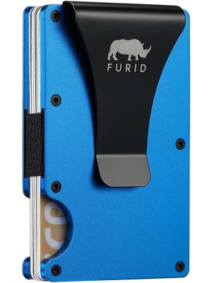 FURID Cartera de cuero para hombre, color azul, minimalista con bloqueo RFID para hombre, bolsillo frontal, cartera simple.