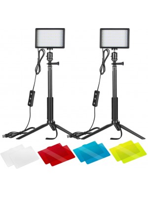 Neewer Paquete de 2 luces LED de video USB regulables de 5600 K con trípode ajustable y filtros de color para mesa-disparo de ángulo bajo.
