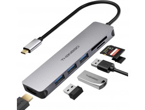 Adaptador multipuerto USB C Hub - Dongle de aluminio portátil 7 en 1 con salida HDMI 4K, 3 puertos USB 3.0, lector de tarjetas SD-TF