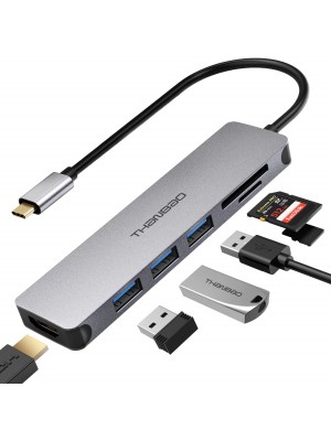 Adaptador multipuerto USB C Hub - Dongle de aluminio portátil 7 en 1 con salida HDMI 4K, 3 puertos USB 3.0, lector de tarjetas SD-TF