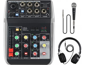 Phenyx Pro Paquete de mezclador de audio con interfaz de audio USB, 4 entradas, ecualizador de 3 bandas, efectos de eco, con micrófono dinámico