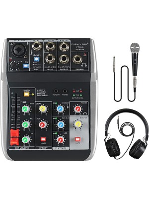 Phenyx Pro Paquete de mezclador de audio con interfaz de audio USB, 4 entradas, ecualizador de 3 bandas, efectos de eco, con micrófono dinámico