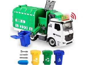 JOYIN Juguete de camión de basura de reciclaje, alimentado por fricción con luz y sonidos, 3 botes de basura, 3 destornilladores.