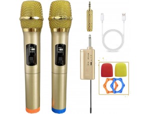 Micrófono inalámbrico, rango de 200 pies, salida de 1-4 y 1-8 pulgadas, sistema de micrófono dinámico de metal dual UHF con receptor recargable.