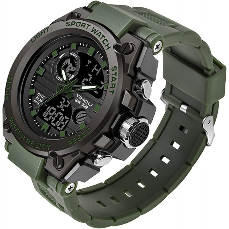 Reloj militar para hombre, deportivo, electrónico, táctico, militar, LED,  cronómetro, resistente al agua, digital, analógico. Verde