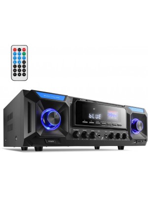 Moukey Amplificador de audio para el hogar, receptor estéreo Bluetooth 5.0 - 330 W 2 canales FM, con USB-SD, 2 micrófonos en Echo